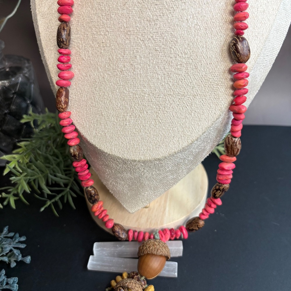 Wood Acorn Poppet Necklace Vintage Handmade | Boho Beaded | Forest Talisman | - Picture 4 of 7